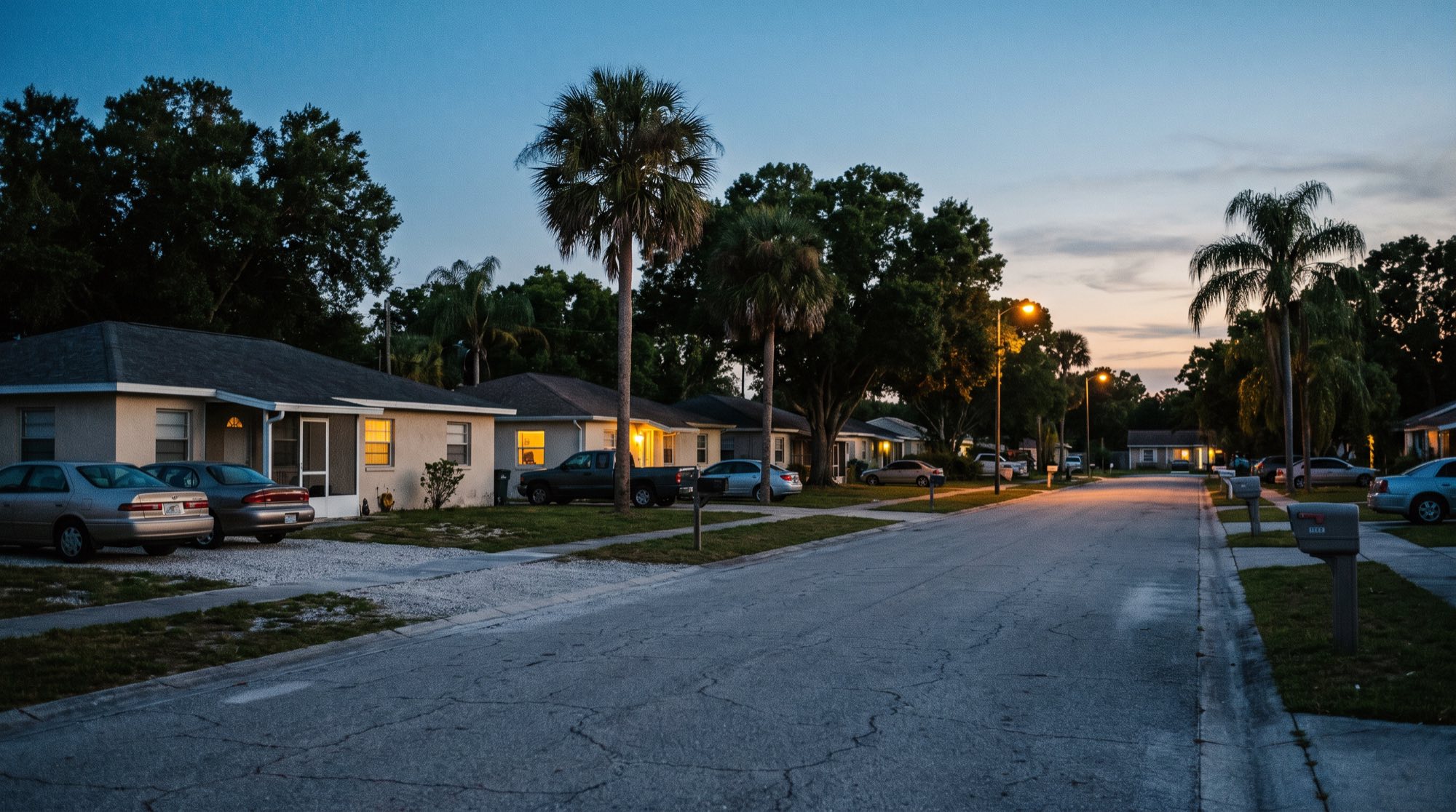 A residential street in Florida at dusk